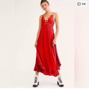 Free People Adella Maxi Slip Dress Red Lace S Crochet Boho Coquette Euro Summer